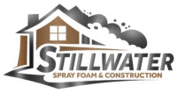 Logo for Stillwater Spray Foam & Construction featuring a stylized brown and gray house with smoke or foam elements, bold text beneath the house graphic, highlighting premium spray foam insulation for energy-efficient results. -Stillwater Spray Foam